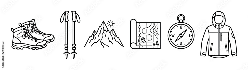 Fototapeta premium Hiking and camping equipment icon set in a minimalist black and white line art style, featuring boots, trekking poles, a mountain, map, compass, and a hooded jacket