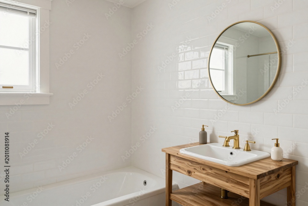 Fototapeta premium White subway tile bathroom, copy space