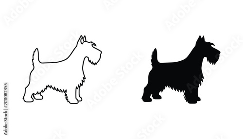Scottish terrier dog silhouette and outline vector design set for pet branding and graphic projects