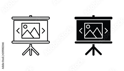 Projector screen with mountain landscape image vector icon set for presentation and media themes