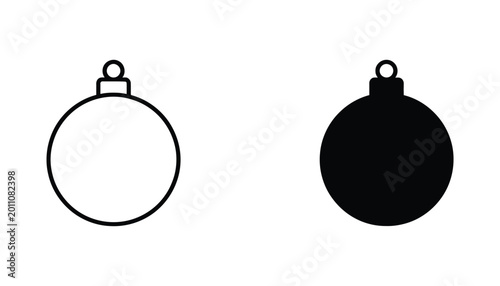Christmas bauble decoration ornament icon set in minimalist outline and solid black silhouette styles for holiday design