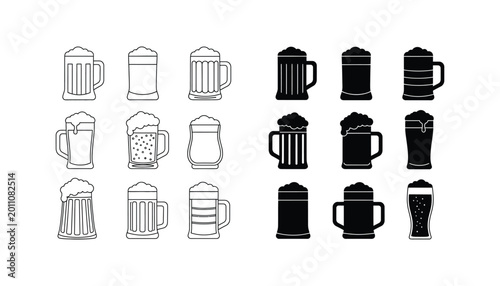 Assorted beer mug and glass collection icons in black and white line art and solid silhouette for pub branding