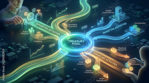 Corporate treasury pool management and financial activity flow diagram