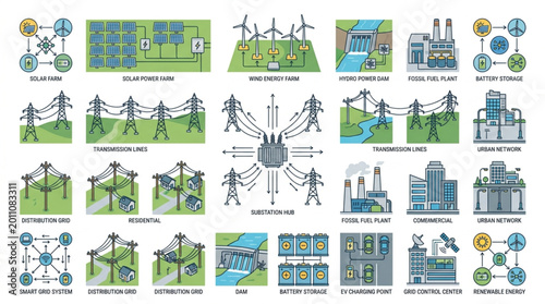 Collection of illustrations depicting electrical power transmission and distribution systems.