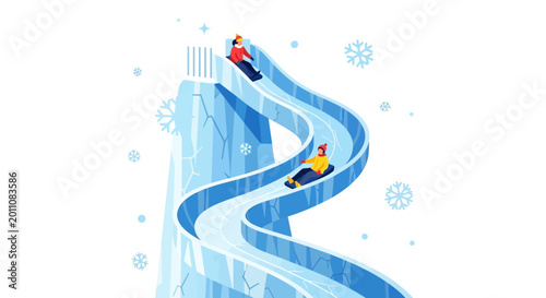 Tablou pe pânză People Riding Ice Sleds Downhill Fast.