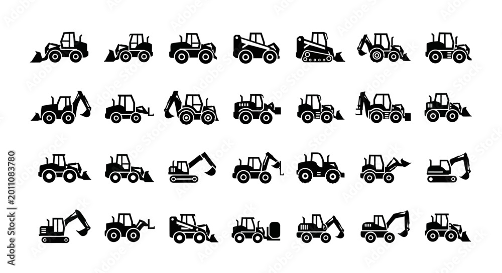 Naklejka premium Construction Equipment Icons: Excavator, Loader, Bulldozer, Tractor, Digger Set