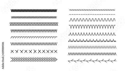 Embroidery vector stitch patterns with geometric lines and borders. Vector textile design elements featuring decorative stitched edges, cross-stitch dividers, and seamless sewing motifs.