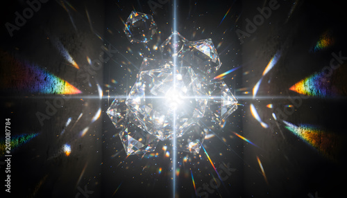 Crystal Prisms Refracting White Light into Rainbow Spectrum with Brilliant Starburst Effect on Black Background
