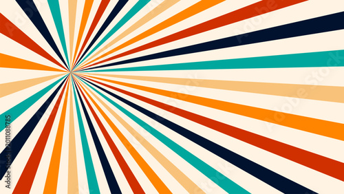 Vintage radial sun rays background, colorful sunburst pattern with retro stripes for poster and banner.