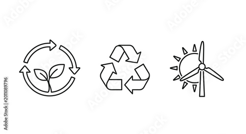 Renewable Energy Icons Recycling Leaf Growth And Wind Turbine