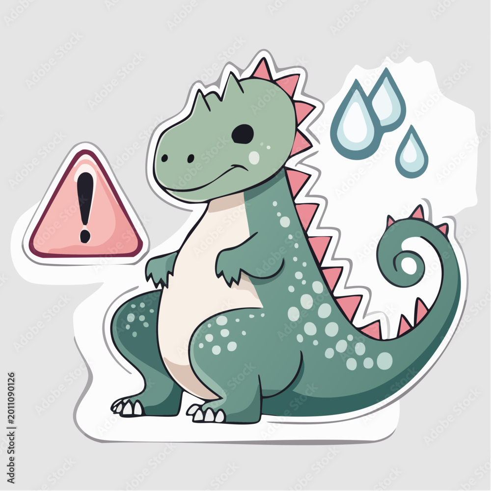 Naklejka premium Cute Cartoon Dinosaur with Warning Sign and Raindrops
