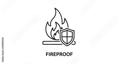 Fireproof icon with shield and flames line drawing style