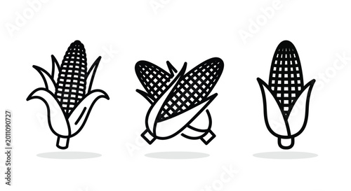 Corn cobs set black and white line art illustration