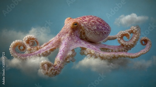 Vibrant octopus floating in a dreamy cloudscape with soft lighting
