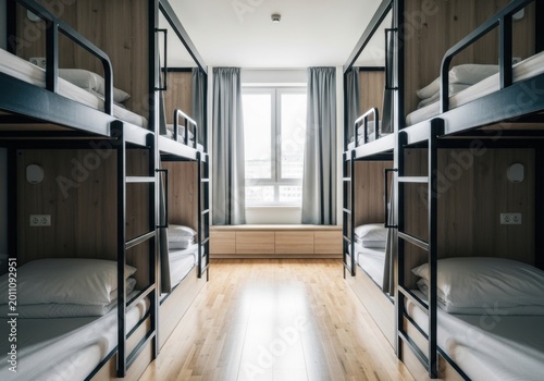 modern minimalist hostel bunk beds with natural light and cozy ambiance