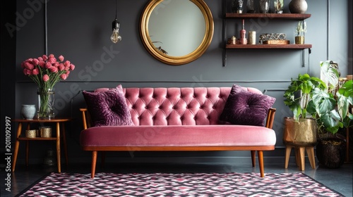 Elegant living room interior with pink sofa mirror and decorative elements