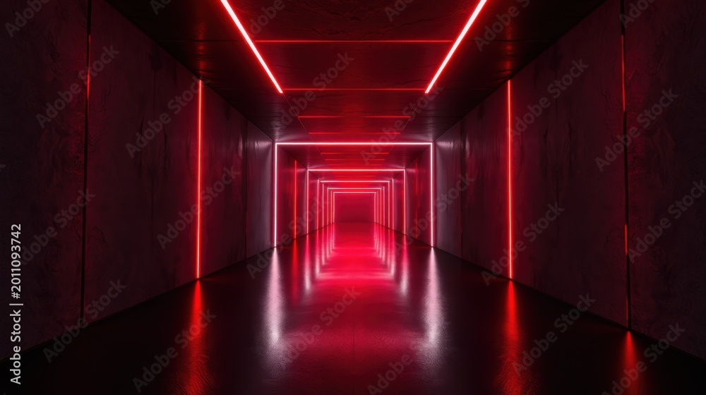 Fototapeta premium Dark corridor features repeating red light lines. Minimalist design creates infinite perspective, dramatic mood. Futuristic, sleek aesthetic.