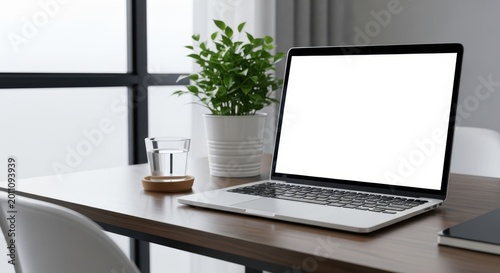 Open laptop on wooden desk with plant and glass of water in modern office interior