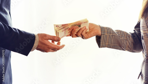 Foto Woman Hand taking cash paper money from man hand