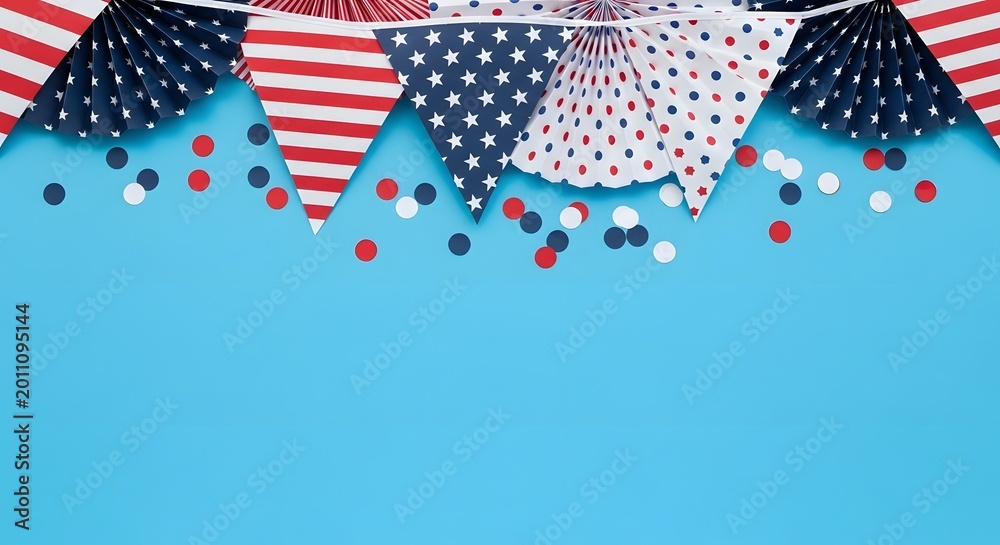 Obraz premium Patriotic party decorations with american flag bunting and confetti on a blue background