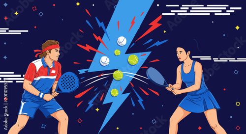Tableau sur toile Tennis players compete in a lively match against a vibrant, energetic background