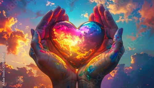 Hands cradle a glowing heart symbolizing love and passion against the sky