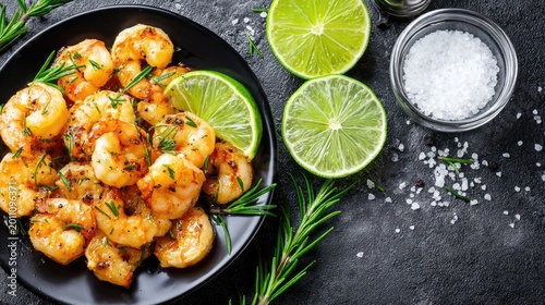 Delicious grilled shrimp dish with limes and seasoning on dark plate