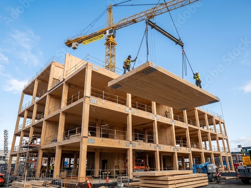 IA generated. Large-scale construction site of a modern multi-story building using mass timber, cross-laminated timber (CLT), and glulam beams, showcasing sustainable urban architecture and eco-friend