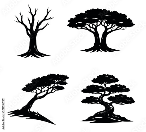 Bild auf Leinwand Black silhouette illustrations of four distinct tree forms including winter bare