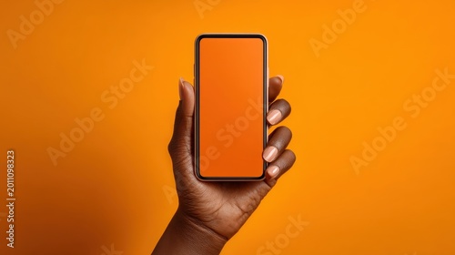 Vibrant Hand Holding a Smartphone Against a Bright Orange Background for Modern Tech and Lifestyle Concepts