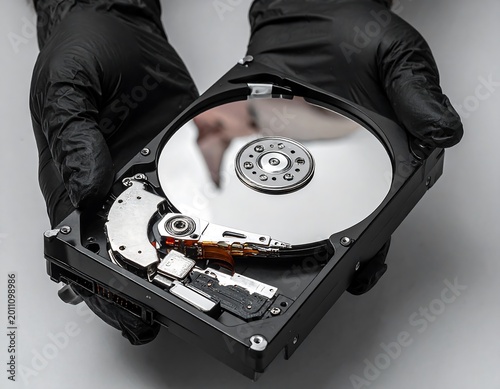Hands holding opened hard drive revealing internal components for data storage
