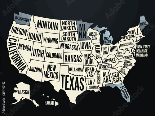 Artistic Typography USA Map with State Names - Retro Vector Illustration of United States Geography