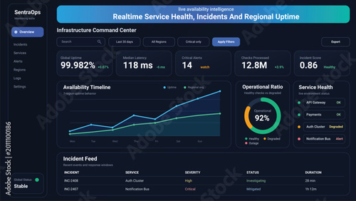 Modern Dark Mode Infrastructure Monitoring Dashboard UI with Realtime Service Health and Network Analytics Data Visualization