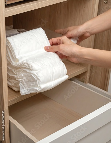 Hands placing folded white items on a shelf inside a wooden cabinet