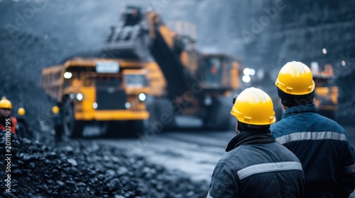 Workers in Safety Helmets Observing Heavy Machinery Operations in a Dimly Lit Coal Mining Site with Trucks and Excavators