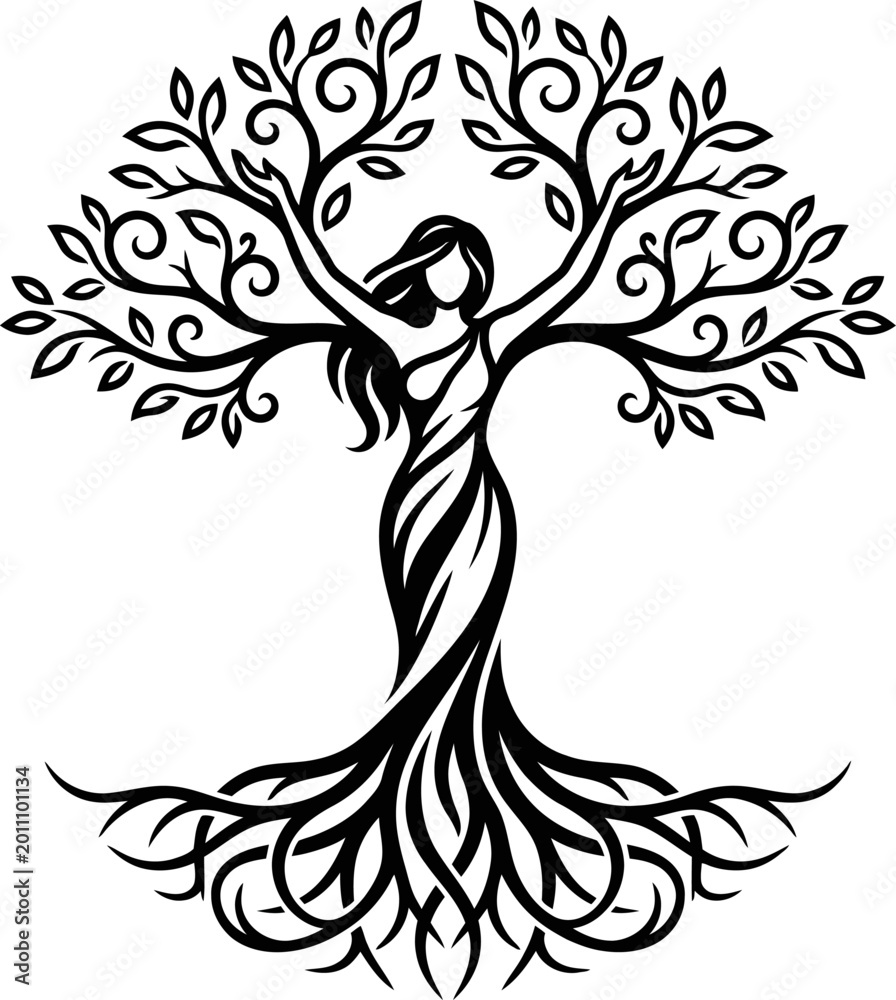 Εκτύπωση καμβά Monochrome line drawing depicting a female silhouette with outstretched arms holding tree branches and flowing leaves against a plain background