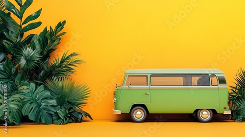 A vintage green retro camper van parked sideways features a classic design with smooth clean lines