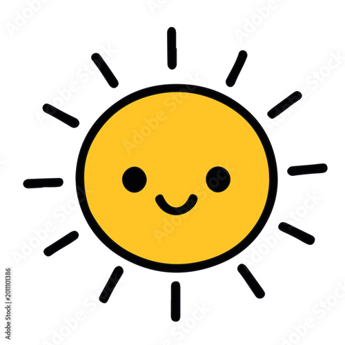 Billede på lærred Cartoon sun with smiling face bright yellow circle and radiating black rays in c