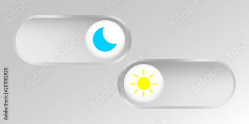 Night and day mode toggle button featuring moon and sun icons on sleek slider switch for dark and light theme control in digital applications
