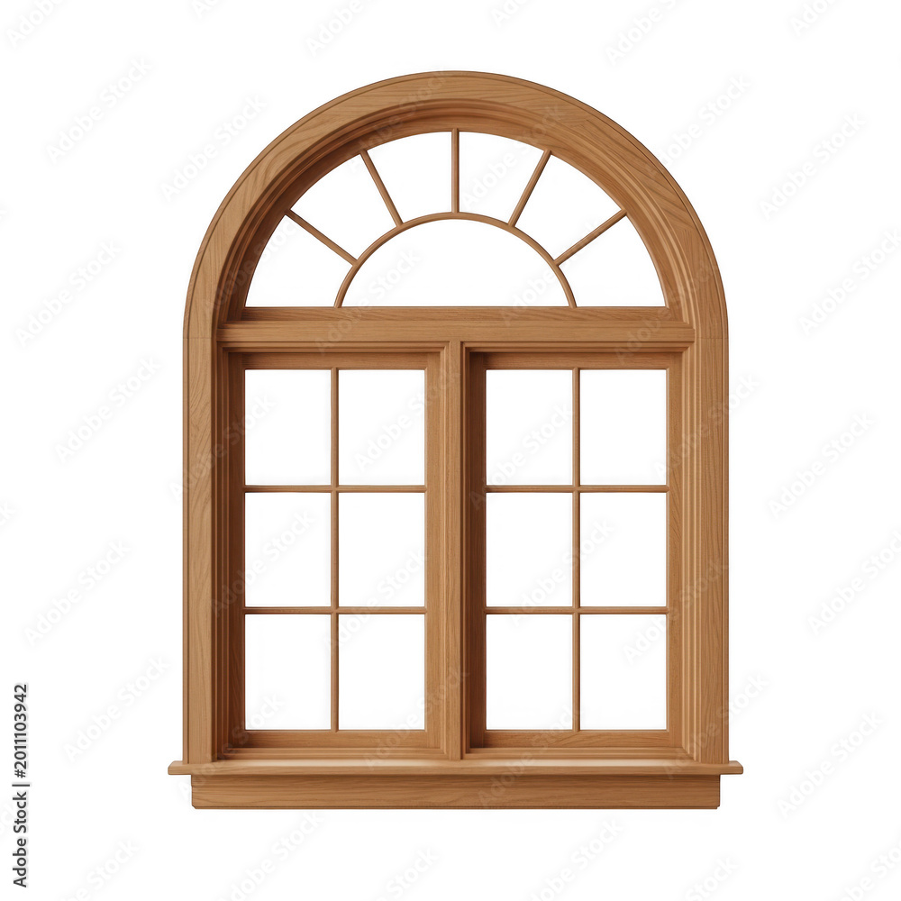 Obraz premium Elegant arched window with divided glass panes and wooden frame
