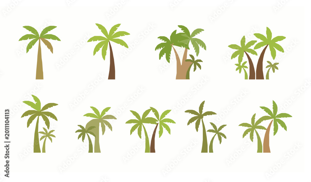 Obraz premium Summer palm tree vector set with tropical beach trees in modern flat illustration style isolated on white background