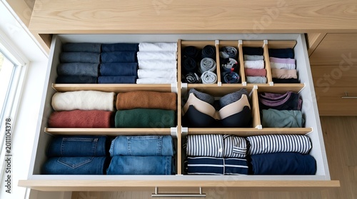 Neatly Organized Drawer with Folded Clothes and Underwear, Wardrobe Organization