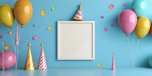 Empty white square photo frame surrounded by colorful birthday party decorations