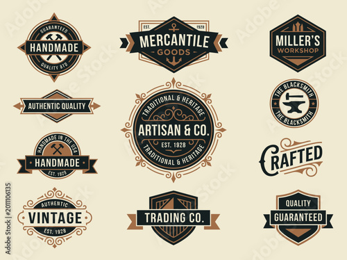 Cuadro en lienzo Vintage Logo Badges and Labels Collection; Retro Heritage Artisan Branding Eleme