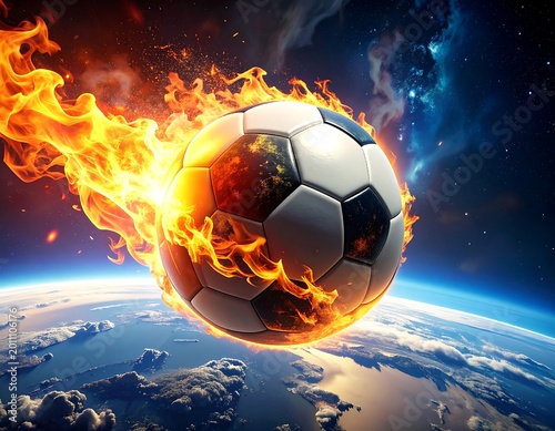 Fiery soccer ball floating above earth with dramatic fire and space backdrop
