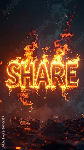 Fiery word share glowing in flames with smoke abstract illustration