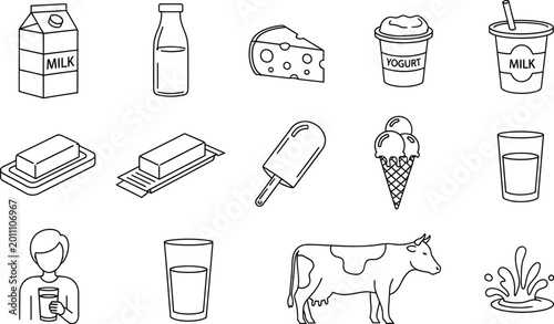 Hand drawn dairy and ice cream seamless pattern with milk cheese and cow illustrations