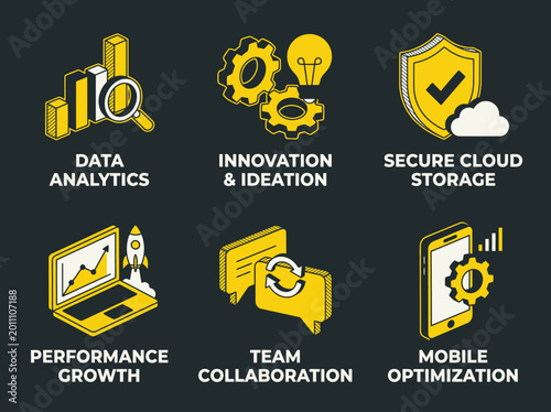 Isometric Business and Technology Icon Set: Data Analytics, Cloud Security, Team Collaboration, Innovation, Performance Growth, and Mobile Optimization Icons