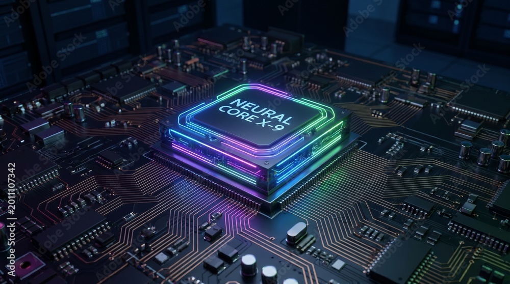Fototapeta premium NEURAL CORE X-9 Processor — Neon-Illuminated CPU Chip on Futuristic Circuit Board