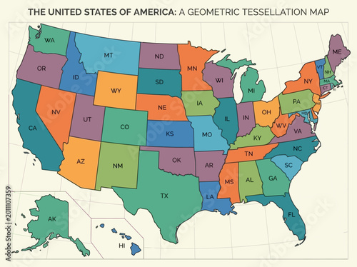 Fotografie Colorful Geometric Tessellation Map of the United States of America with State A